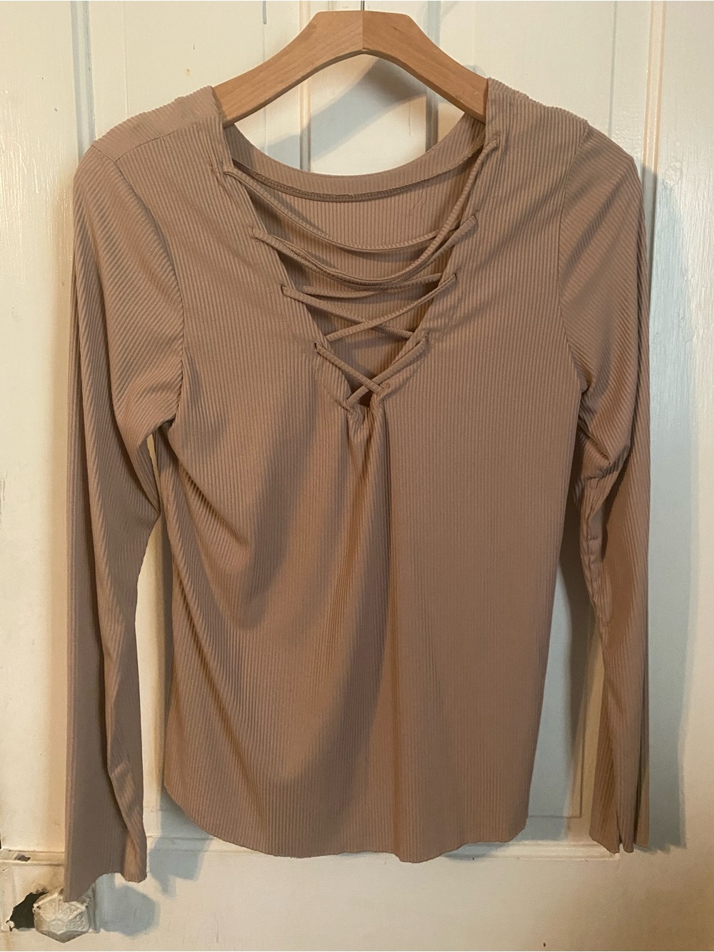 Daytrip Ribbed Lace-Up Long Sleeve Top in Taupe